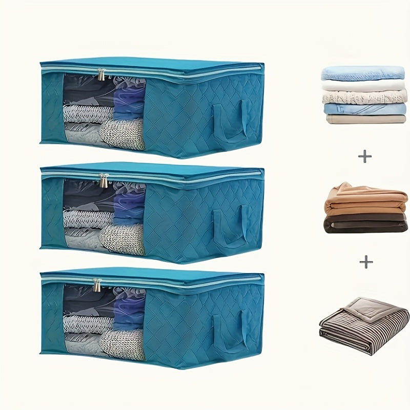 3pcs Durable Foldable Storage Bag with Reinforced Handle, Sturdy Zipper, Clear Window for Quilts, Blankets, Bed Sheets, Under-Bed Storage