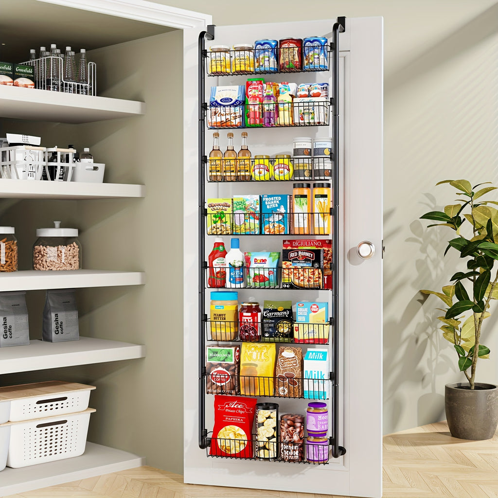 Metal Over Door Pantry Rack, 6 or 8 Tier Hanging Storage Organizer in Black or White for Spices, Packaged Foods, Bathroom Essentials and Laundry Supplies