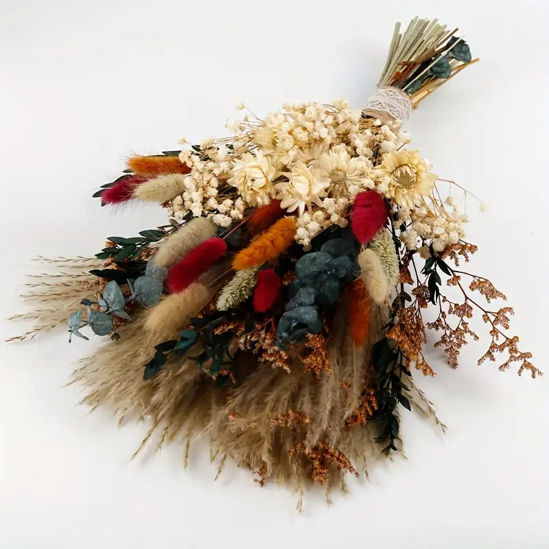 Bohemian Dried Flower Bouquet with Bama Grass, Eucalyptus & Rabbit Tail Plants - Artificial Plastic Flowers in Beige, Brown, White, Red, Green & Golden - Rustic Wedding, Bridal, Valentine'S Day, Halloween, Easter, Thanksgiving Centerpiece - No Maintenance