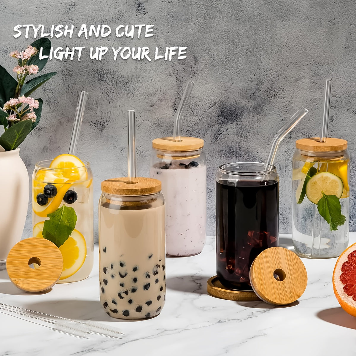 4/6pcs, 18.6oz/550ml, Including Lid, Straw, Straw Brush Glass Cup Set. The Elegant Shape Of The Drinking Cup Is An Ideal Gift, And The Can Shaped Glass Cup Is Suitable for Any Beverage And Occasion