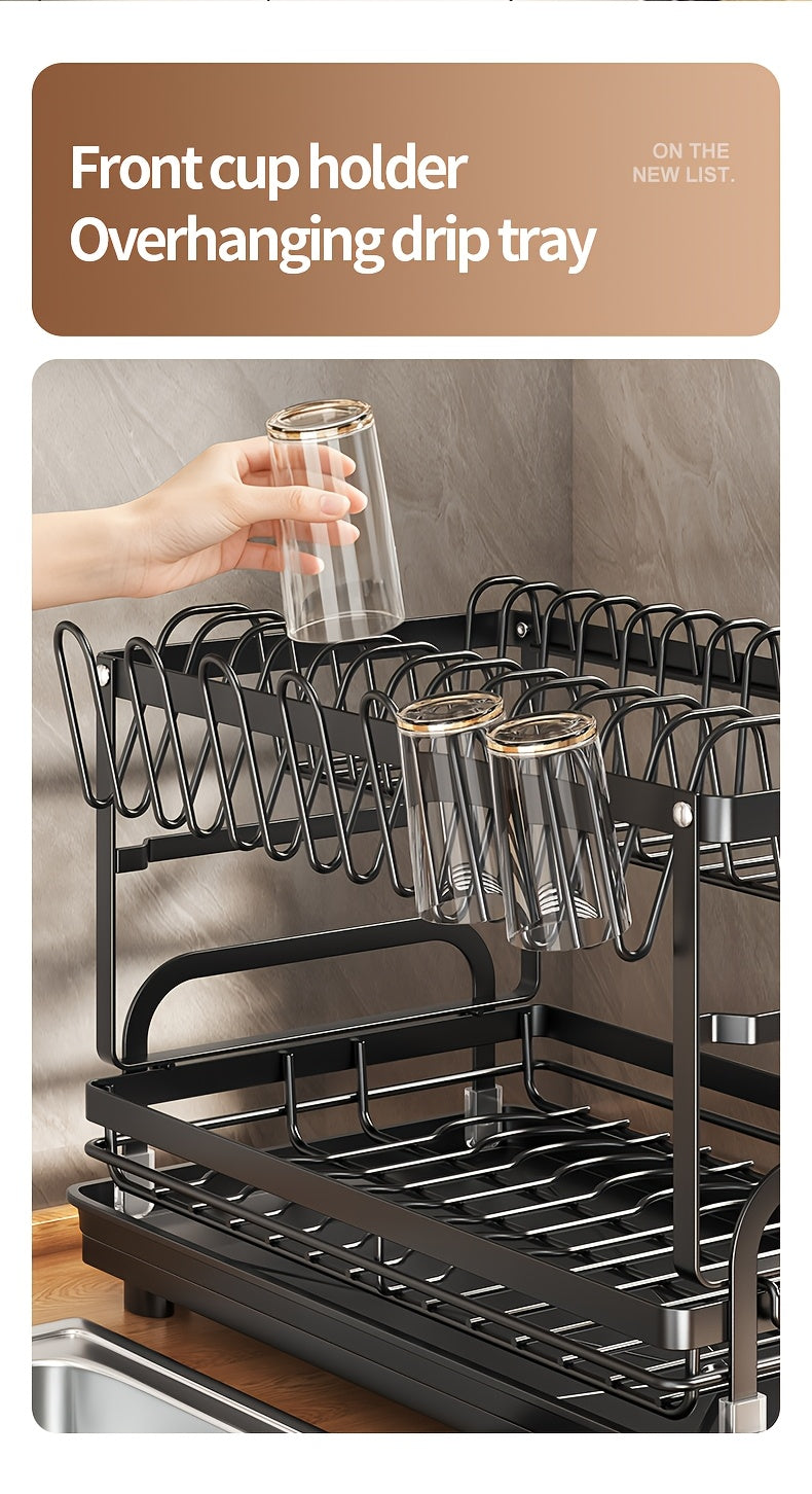 Two-tier Metal Kitchen Countertop Dish Rack Is Space-saving And Durable. It Comes with A Knife And Fork Holder, A Cup Rack, A Cutting Board Holder, And A Rust-proof Draining Tray. It Organizes Your Tableware And Helps Keep Your Kitchen Neat And Tidy.