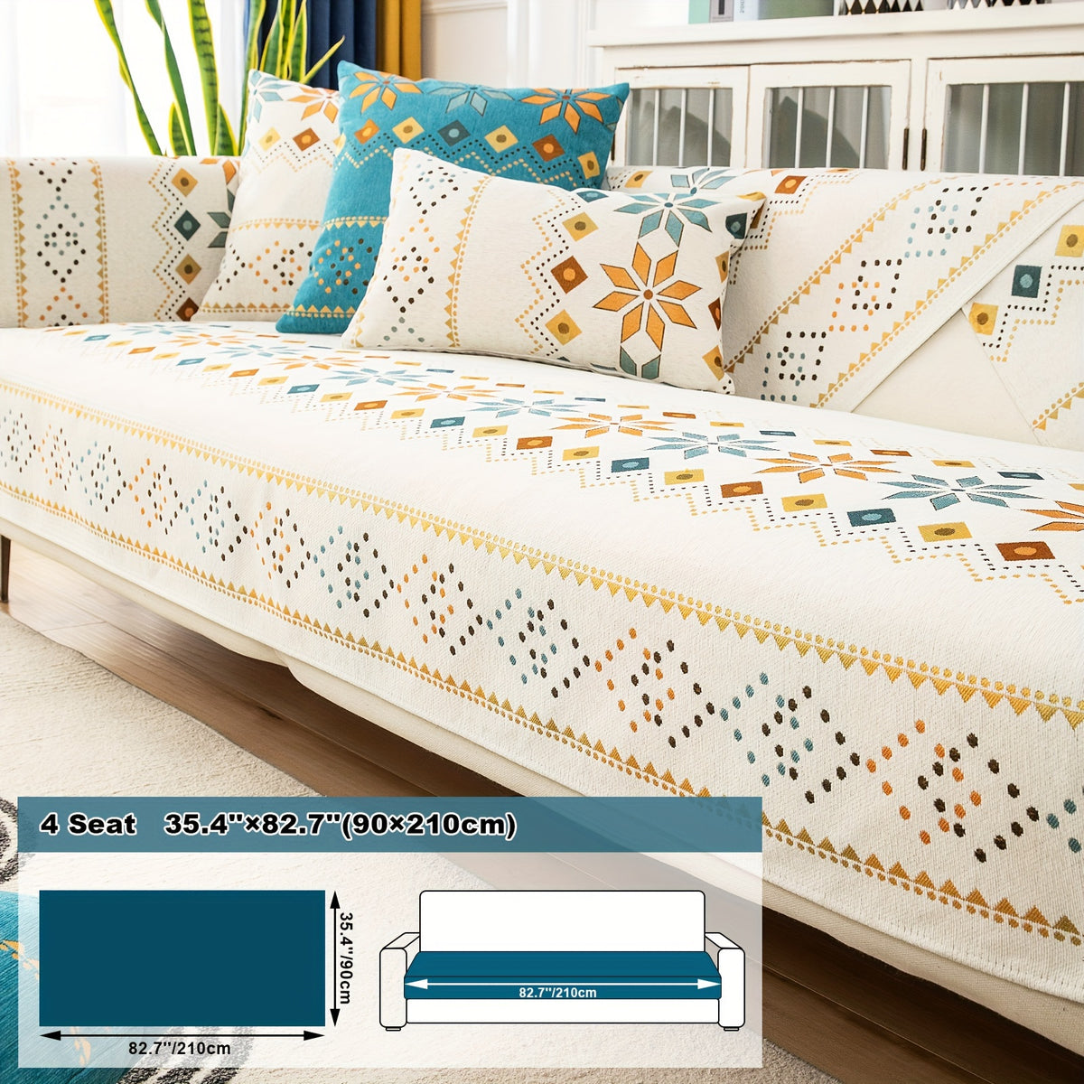 1pc Bohemian Chenille Sofa Cover Suitable for Sofa Sizes (Single to Four-Seater) - Thick Plush Non-Slip Couch Cover with Geometric Embroidery, Chenier Fabric Slipcover Fits for Sectional Sofas, Machine Washable Furniture