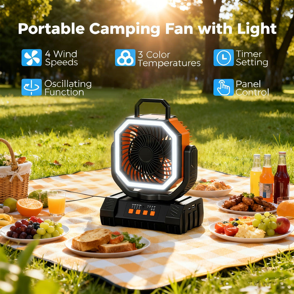 [For Indoor/Outdoor] 3-In-1 Indoor Outdoor Camping Fan Light Power Bank 20000mAh, 4-Speed Wind LED Dimming, Multi-Angle Rotation, Long-Lasting Power For Hiking Tent Office