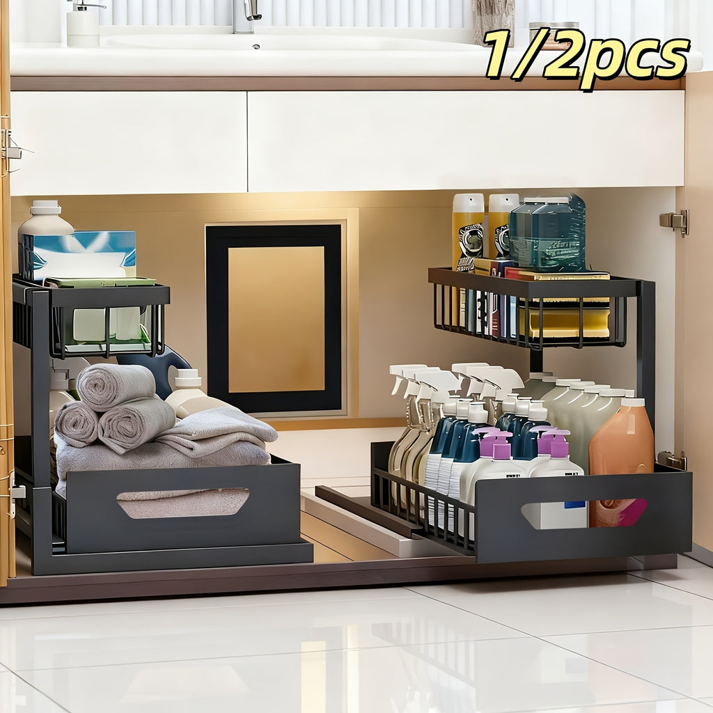 2-story Kitchen Sink Storage Containers, Push-pull Cabinet Organizer, Kitchen and Bathroom Organizers and Storage, Study, Tabletop, Metal Sliding Drawers, Practical and Convenient Kitchen Accessories Essentials, Kitchen Organizers and Storage