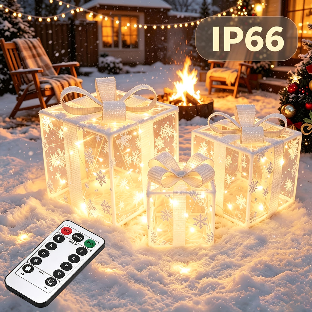 3-Pack 75-LED Christmas Gift Box Light Set - Warm Light Holiday Decoration, Indoor And Outdoor Use, IP66, with Remote Control And Timer, 8 Modes Flashing Gift Boxes, Home Ornament; Christmas Decoration, Outdoor Christmas Lights