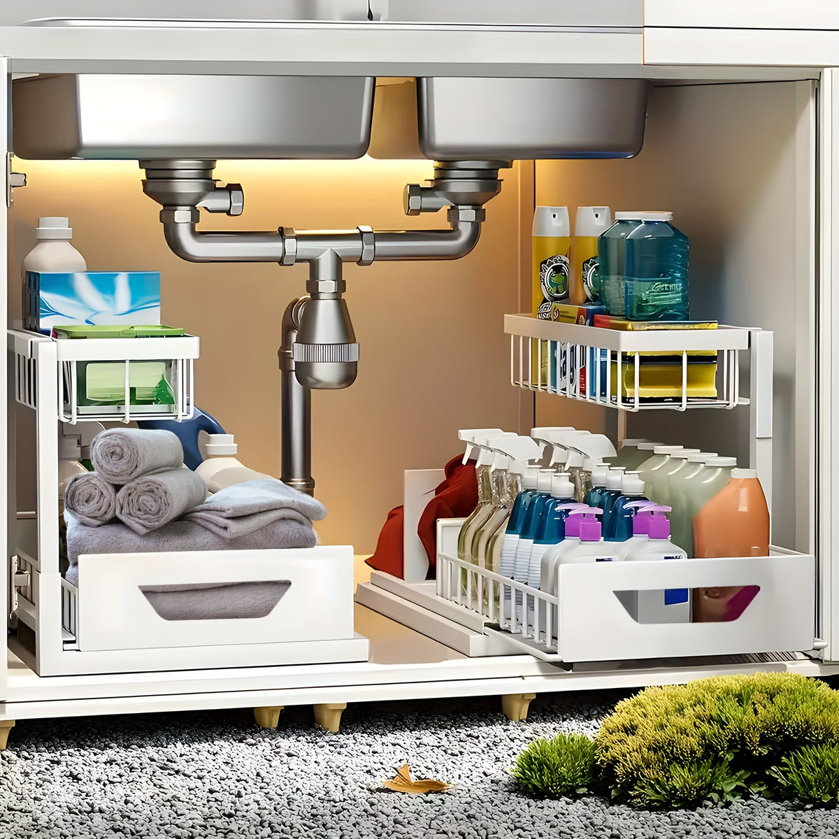 2Pack-2-Tier Slide-Out Under Sink Organizer -Pull-Out Cabinet Shelf with Adjustable Compartments, Featuring a Sliding Pull-Out Shelf Made of Metal, Ideal for Organizing Kitchen, Bathroom, Pantry, Or Closet Spaces