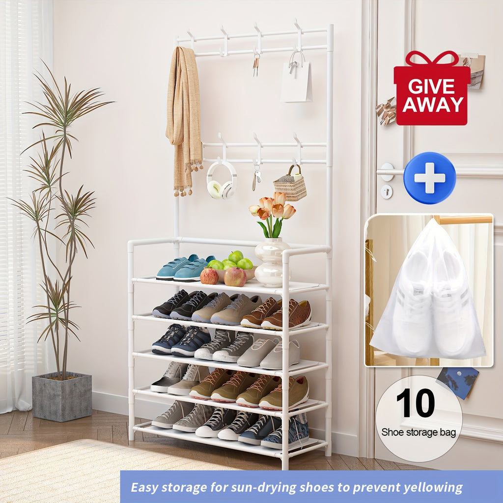 Multifunctional 5-Tier to 3-Tier Shoe Rack, Freestanding Shoe Organizer, Shoe Storage And Organizer, Shelves, with Multi-Layer Storage And 8pcs Double Hooks, Suitable for Living Room, Bedroom, Entrance
