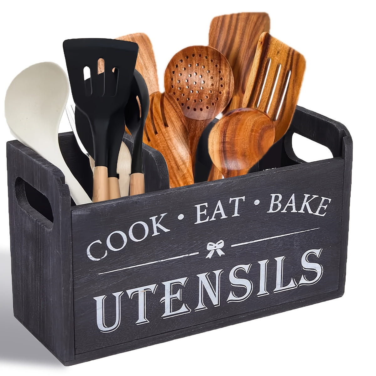 Rustic Wooden Kitchen Utensil Holder, 1pc 3-Compartment Storage Box, Kitchen Must Haves, Countertop & Wall-Mounted Organizer, Wood Material, Kitchen Accessories For Cook, Eat, Bake Tools, Kitchen Organizers And Storage