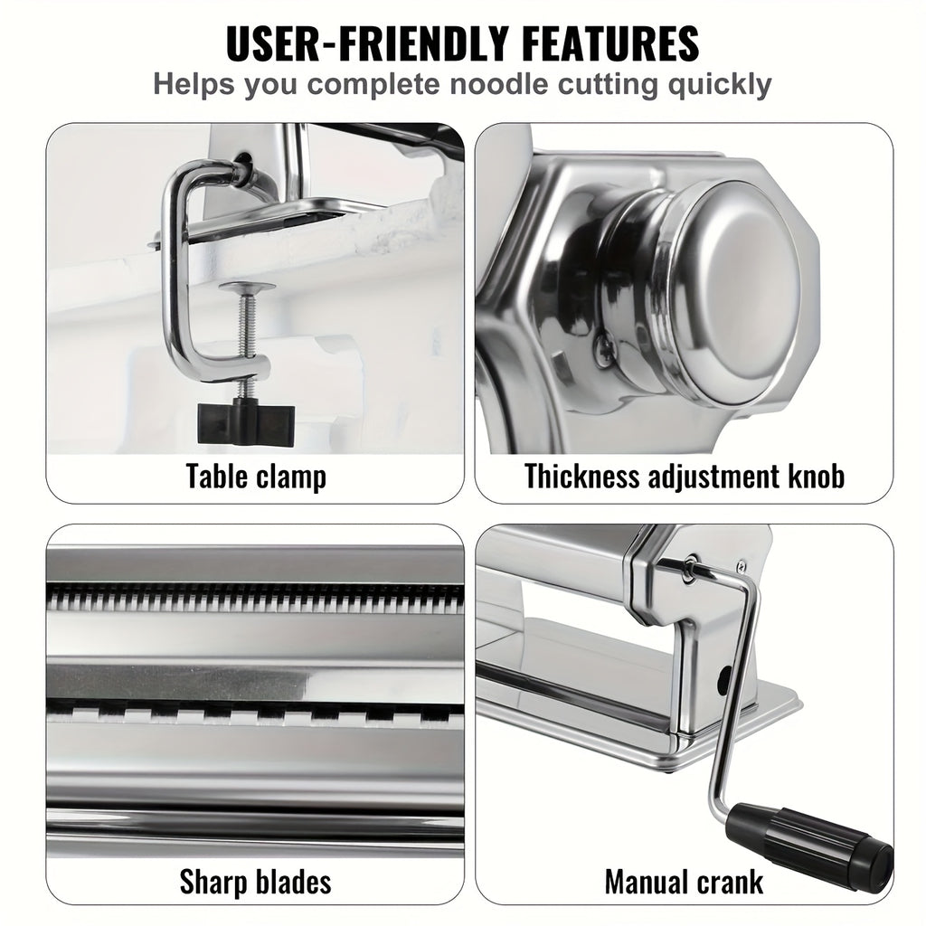 Manual Pasta Roller and Cutter with Adjustable Thickness, Hand-Crank Noodle Maker for Fresh Spaghetti, Fettuccine, Lasagna Sheets and Dumpling Dough