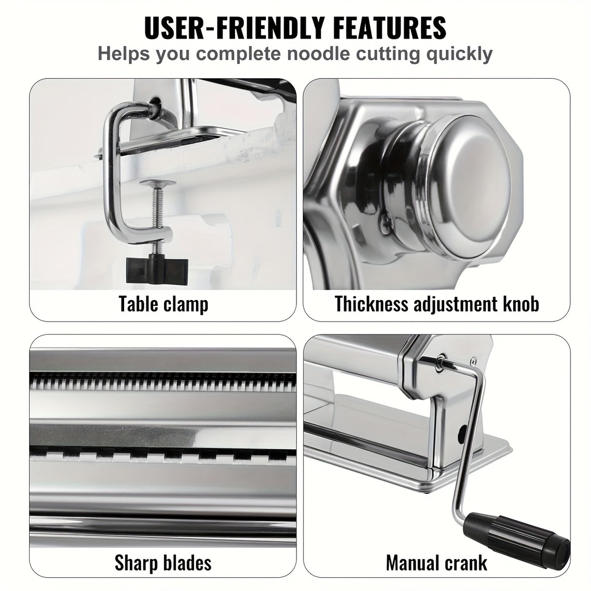 Manual Pasta Roller and Cutter with Adjustable Thickness, Hand-Crank Noodle Maker for Fresh Spaghetti, Fettuccine, Lasagna Sheets and Dumpling Dough
