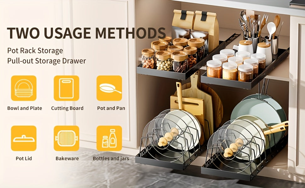 Pull-Out Pot Lid Organizer with Adjustable Dividers, Sliding Pan and Bakeware Storage Rack for Kitchen Cabinets, Black or White in 1 or 2 Packs