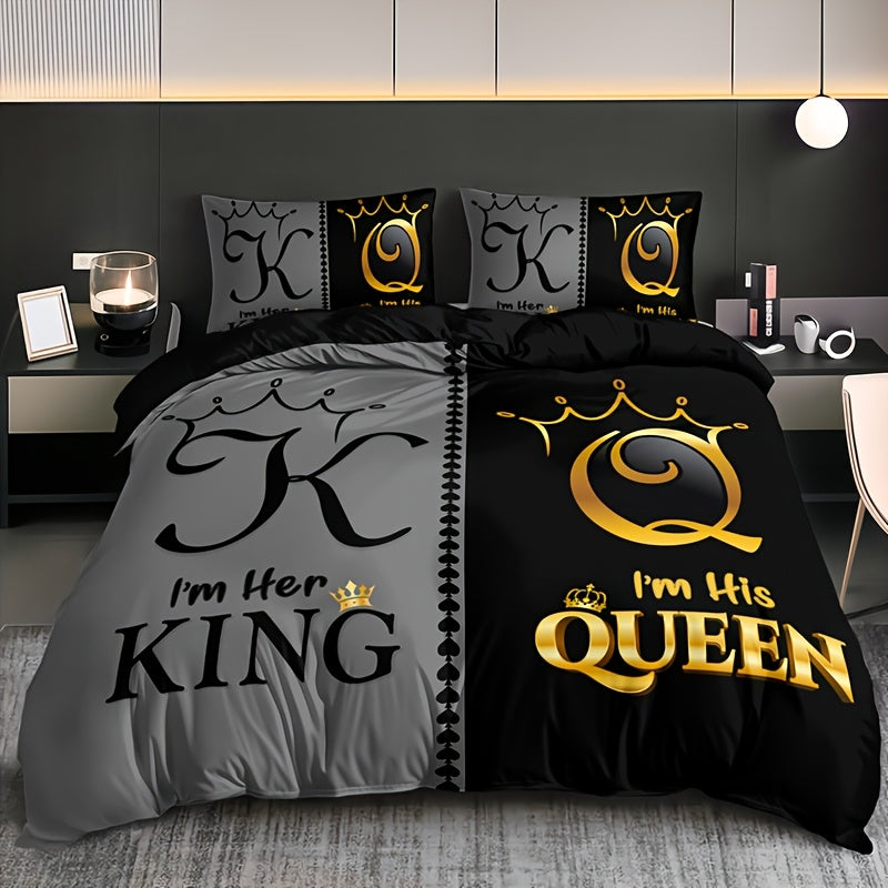 3pcs Super Soft Breathable Crown King And Queen Letter Duvet Cover Set (1 Duvet Cover+2 Pillowcases Without Pillow Core), at Home Dormitory High Definition Numerical Code Printing for Bedroom, Guest Room Decor, Suitable for All Seasons