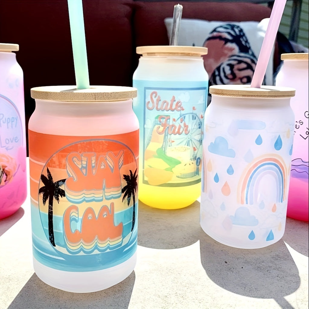 12Pack Sublimation Frosted/ Clear Glass Cups with Bamboo Lid 16oz Glasses Tumbler with Straw and Brush
