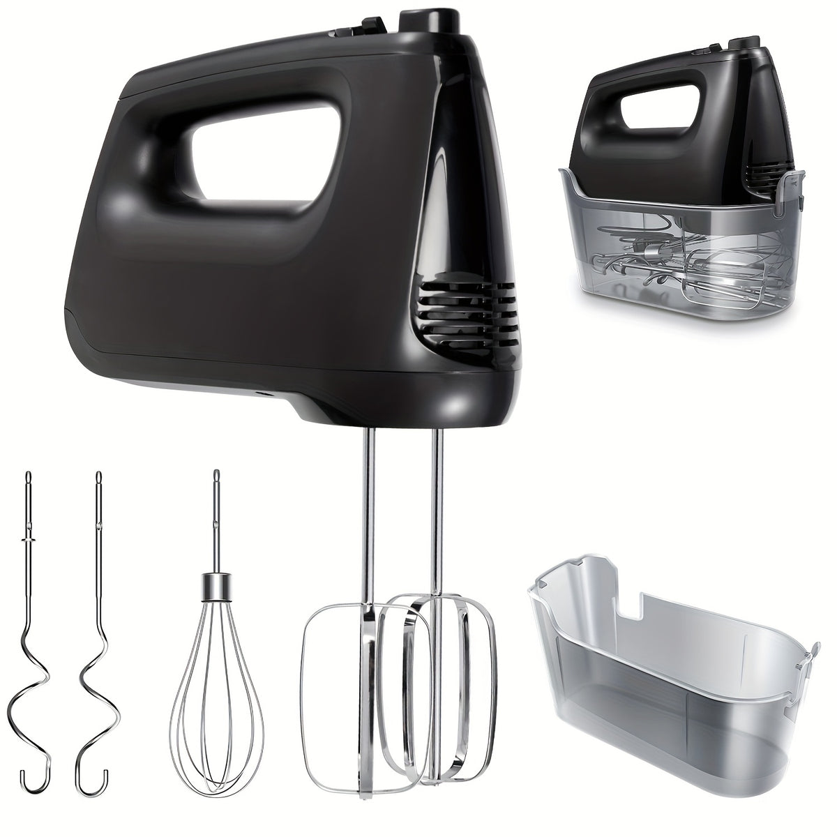Electric Hand Mixer with Storage Case, 5 Speed Plus Turbo Handheld Baking Mixer with 2 Stainless Steel Beaters, 2 Dough Hooks and Whisk in Four Color Options