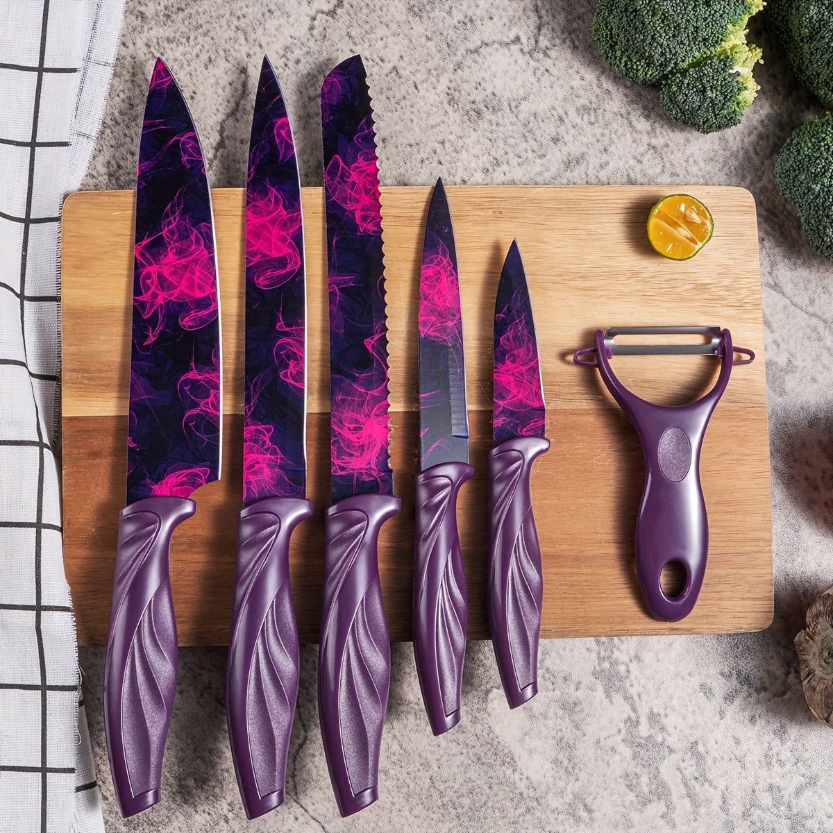 6pcs High-carbon Stainless Steel Sharp Kitchen Knife Set, Kitchen Knife Set And Block Chef Knife, Bread Knife, Scissors, Sharpening Knife, Kitchen Essentials, Dishwasher Safety, Anti-slip Handle, Best Gift for Halloween And Christmas