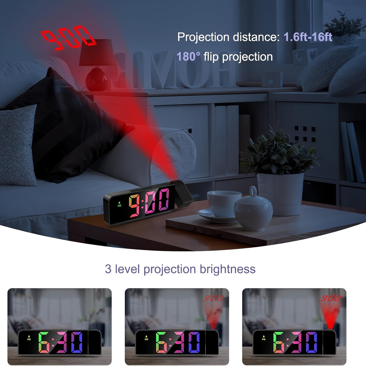 Projection Alarm Clock, Ceiling Projection Alarm Clock, 7.7-inch Large Display Screen, LED Digital Clock, Snooze Function, Bedroom And Living Room Clock, USB Charging, Night Mode, Projection Alarm Clock, Suitable for Bedroom, Office And Travel.