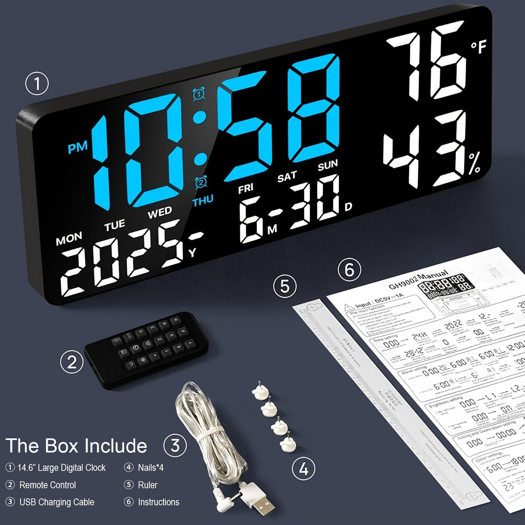 Large Screen LED Alarm Clock - Luminous Display of Week, Temperature, Humidity, and Timer - Ideal for Bedroom, Living Room, and Office with Sleek Modern Design.