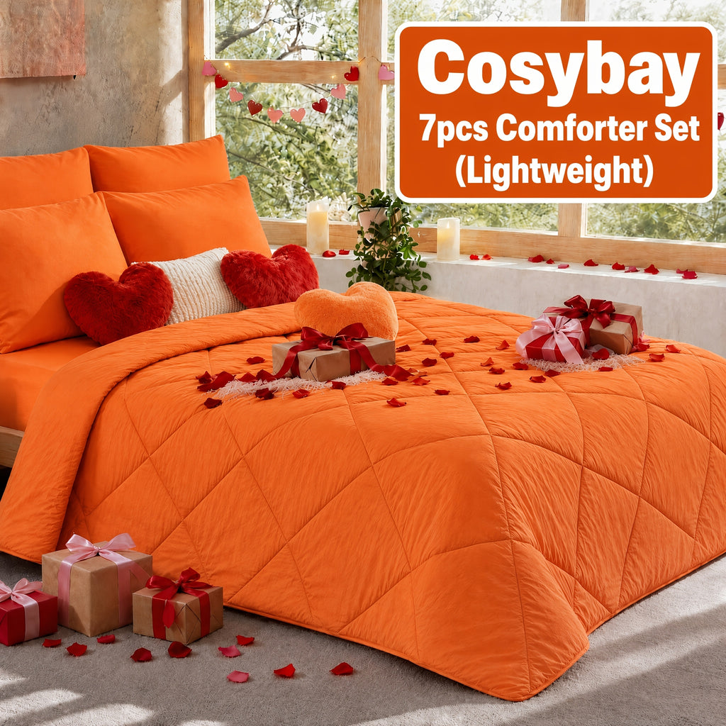 Cosybay 7 Piece Pinch Pleated Comforter Set Queen King Size, Luxury Soft Fluffy Bedding Includes 1 Comforter, 1 Extra Deep Pocket Fitted Sheet, 1 Flat Sheet, 4 Pillowcases & Pillow Covers, Perfect for Halloween Party, Holiday Celebrations & Birthday