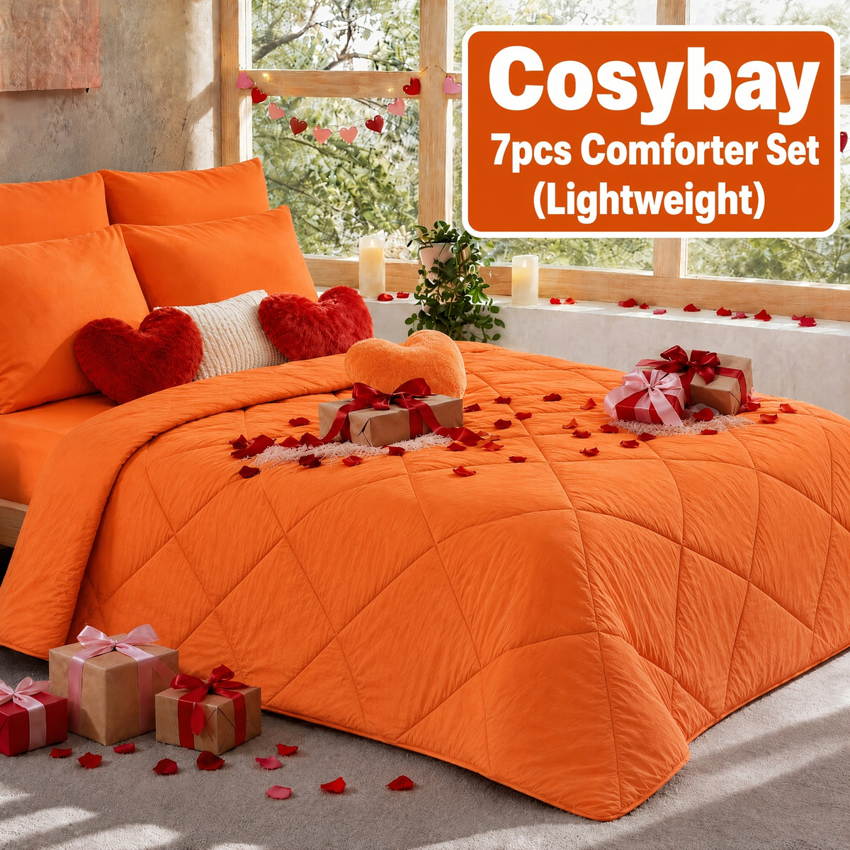 Cosybay 7 Piece Pinch Pleated Comforter Set Queen King Size, Luxury Soft Fluffy Bedding Includes 1 Comforter, 1 Extra Deep Pocket Fitted Sheet, 1 Flat Sheet, 4 Pillowcases & Pillow Covers, Perfect for Halloween Party, Holiday Celebrations & Birthday