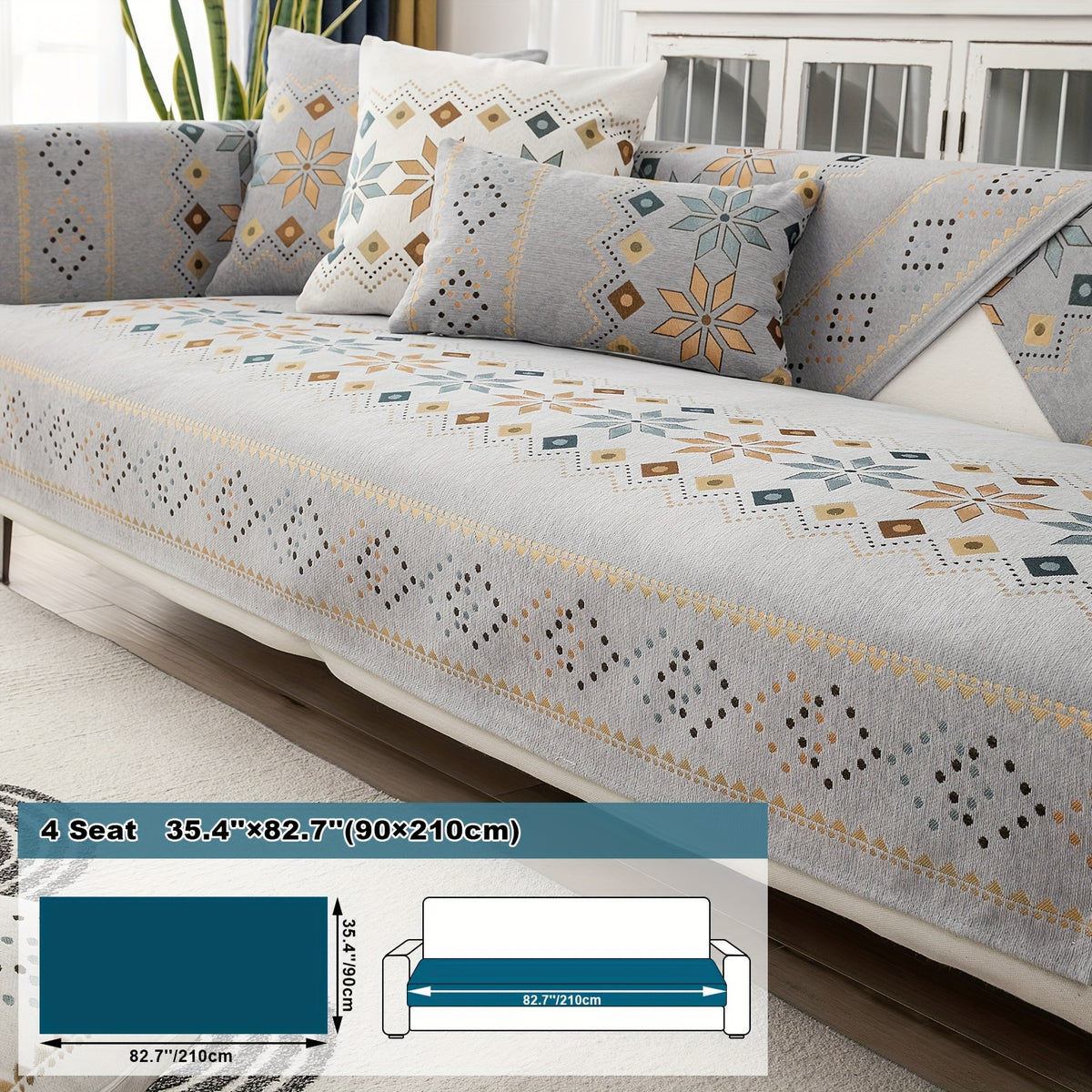 1pc Bohemian Chenille Sofa Cover Suitable for Sofa Sizes (Single to Four-Seater) - Thick Plush Non-Slip Couch Cover with Geometric Embroidery, Chenier Fabric Slipcover Fits for Sectional Sofas, Machine Washable Furniture