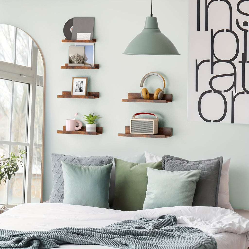 Floating Shelves in Six Sizes, 6-Piece Wall Mounted Ledge Set in Brown, White or Black for Bedroom Displays, Bathroom Storage and Living Room Decor