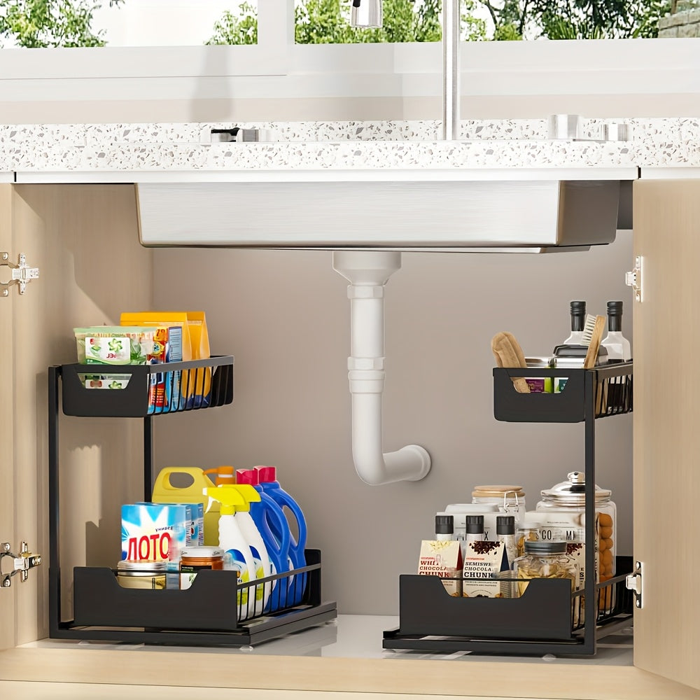 2-Tier Sliding Under Sink Organizer Rack Kitchen Lower Sink Sorting Sliding Pull-out Cabinet Sorting Rack Metal Sliding Drawer For KitchenBathroom Refrigerator Cabinet Organization Rack Simple And Practical Kitchen Storage Essentials (1pack/2pack)