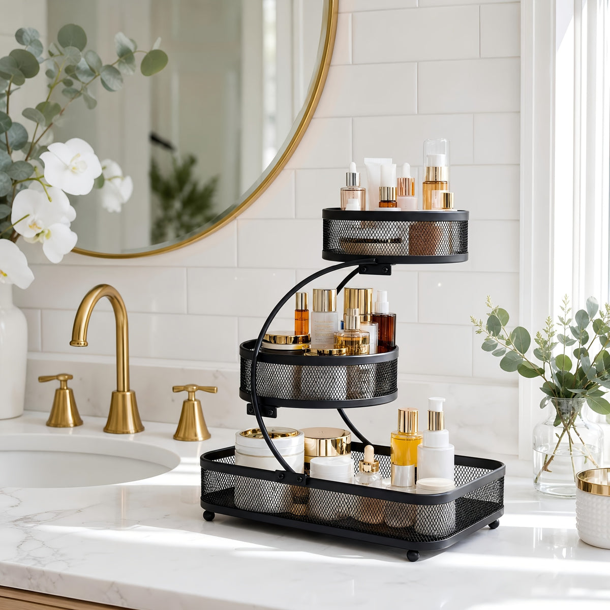 3-tier Metal Bathroom Storage Rack, Includes A Spray Bottle | Hooks - Space-saving Countertop Organizer For Cosmetics, Skincare, And Toiletries | Rust-resistant Diamond Mesh Design | Sturdy And Durable, Suitable For Vanities, Bathrooms, Wardrobes