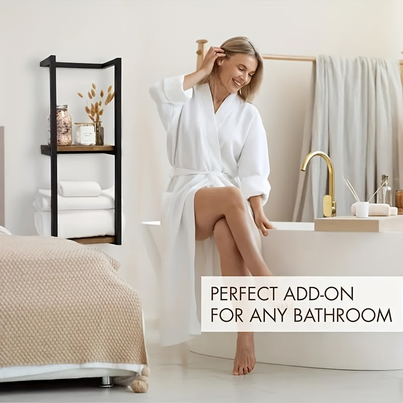 1Pc 2-Tier Bathroom Towel Rack With Shelf - Wall-Mounted Towel And Essentials Storage Rack | Modern Bathroom Elegant Metal And Wood Design, Wall-Mounted Towel Storage Rack, Bedroom Organizer, Bathroom Towel Rack, Bathroom Towel Storage