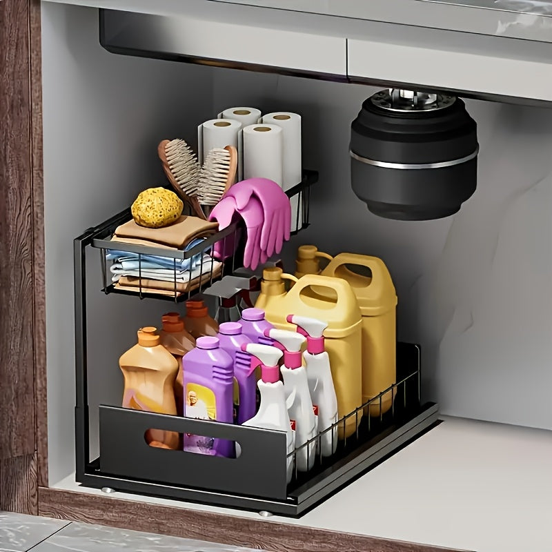1/2pcs Kitchen Organizers And Storage, Kitchen Accessories, Utility Racks, Under Sink Organizer, Pull Out Cabinet Organizer, 2 Tier Slide Out Sink Shelf, Cabinet Storage Shelves, Under Sink Storage for Kitchen Bathroom Cabinet